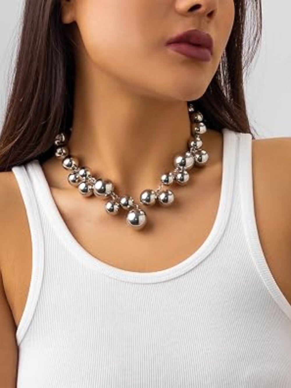 Chunky Silver Statement Necklace for Women Faux Pearl White Beaded Necklaces